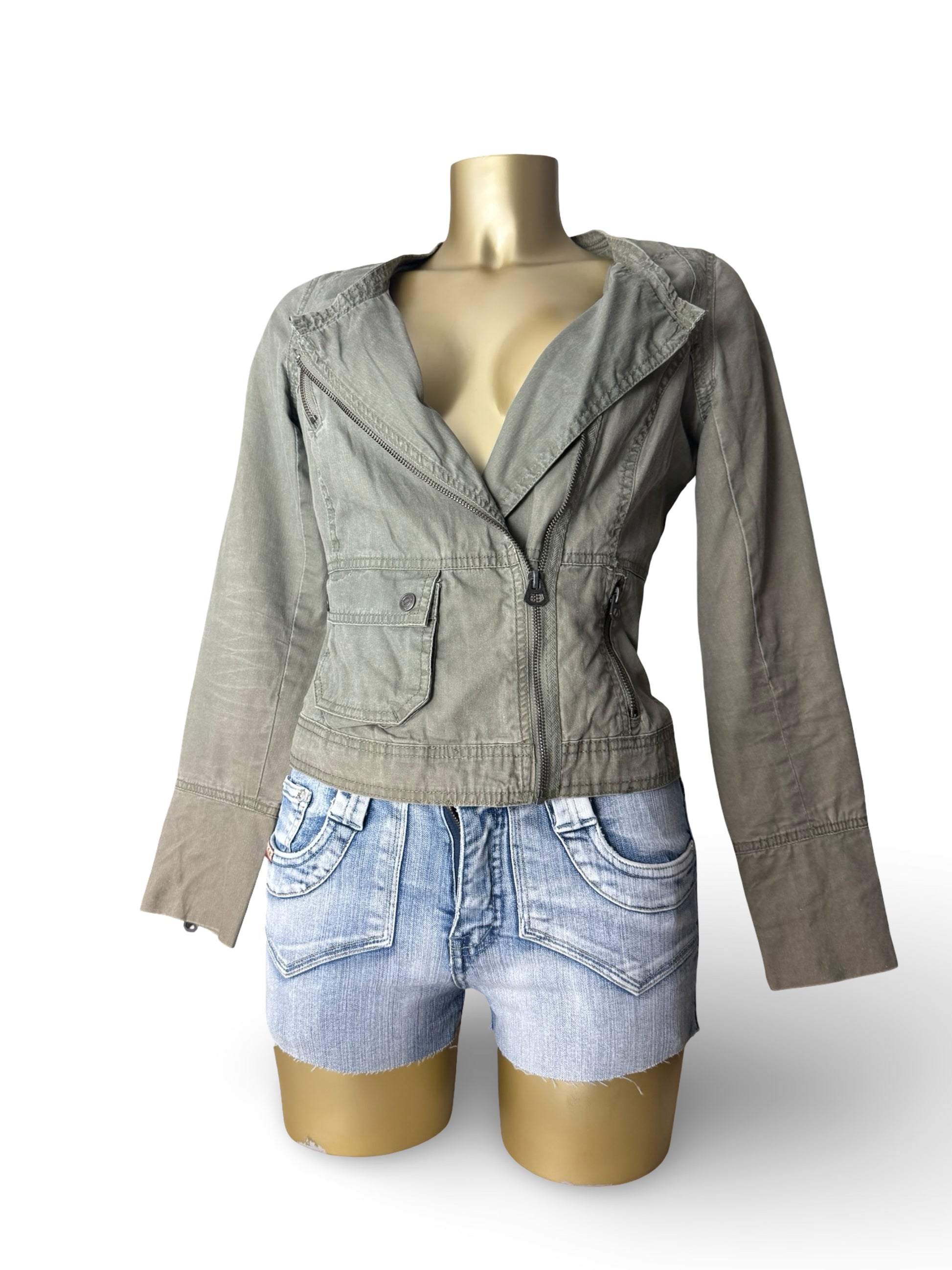 Khaki 100% cotton zip up biker jacket (S/M)