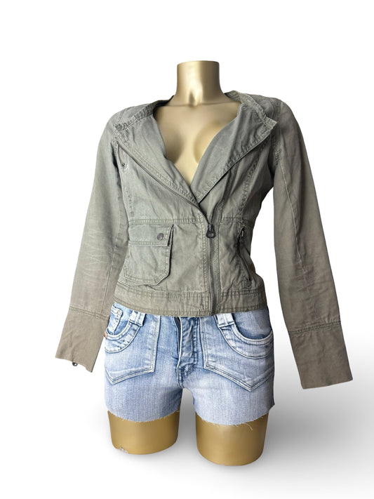 Khaki 100% cotton zip up biker jacket (S/M)
