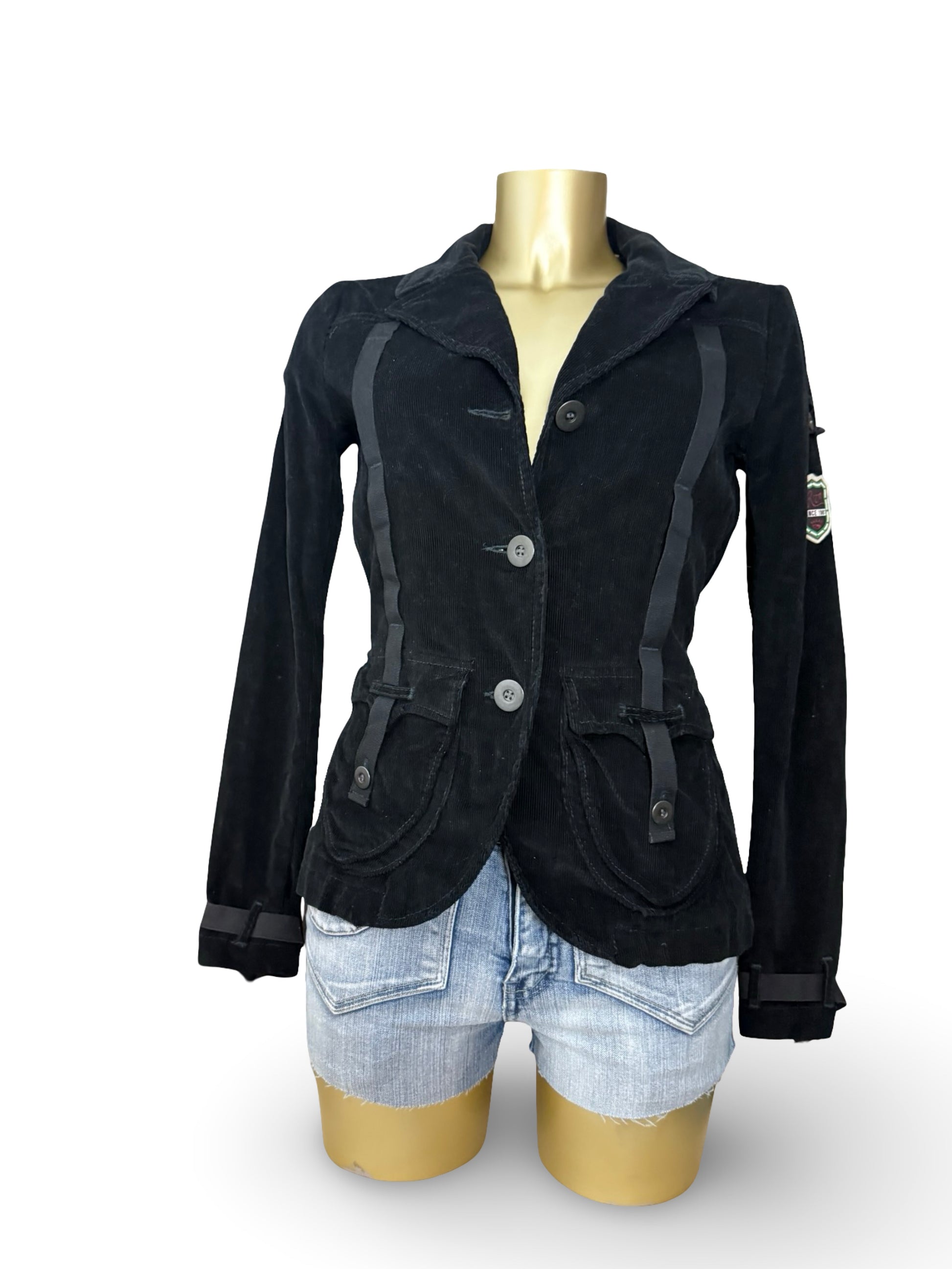 Black velvet ribbed biker jacket (S)