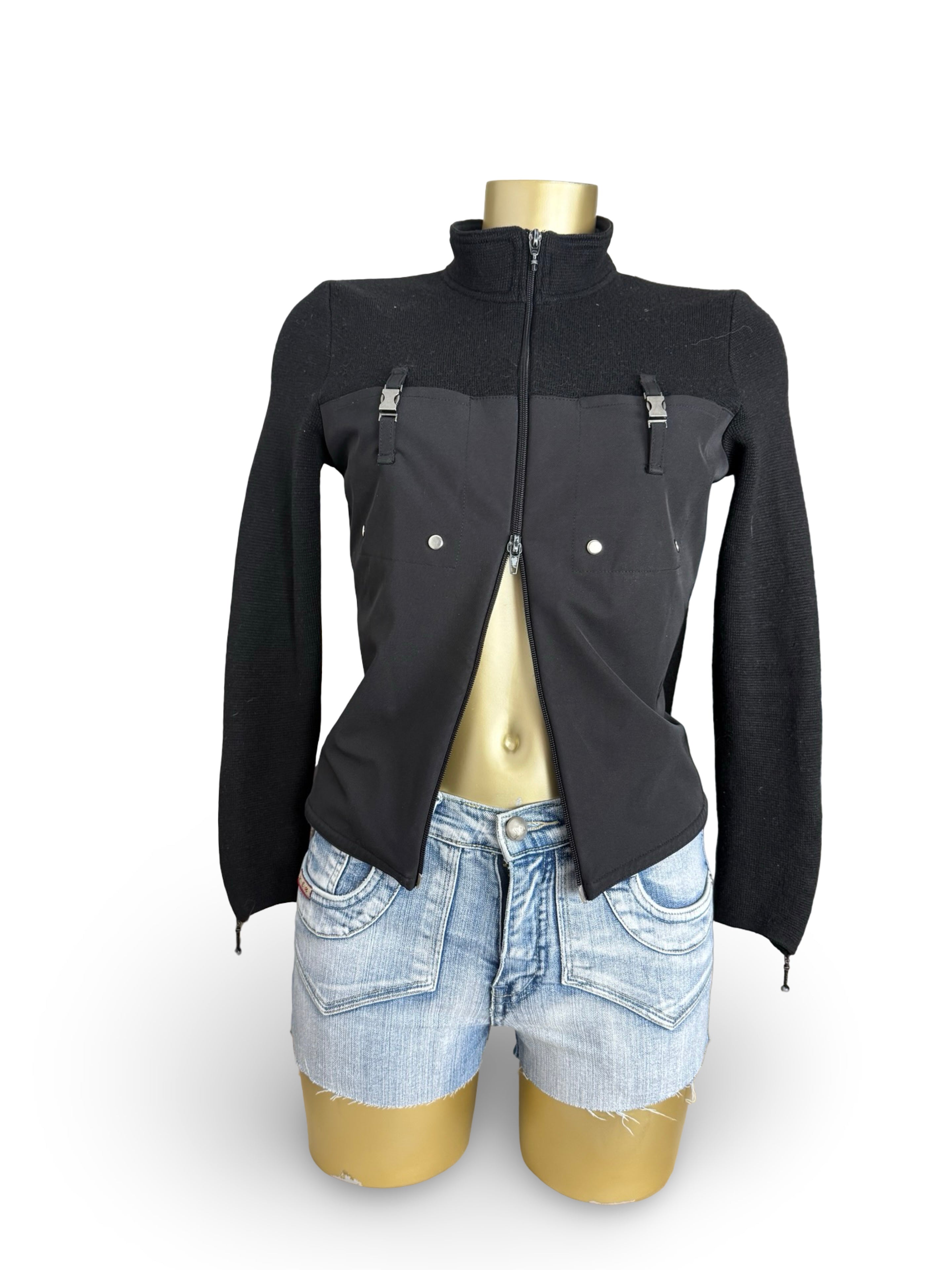 Black zip up bi fabric wool knitted biker jacket (S)