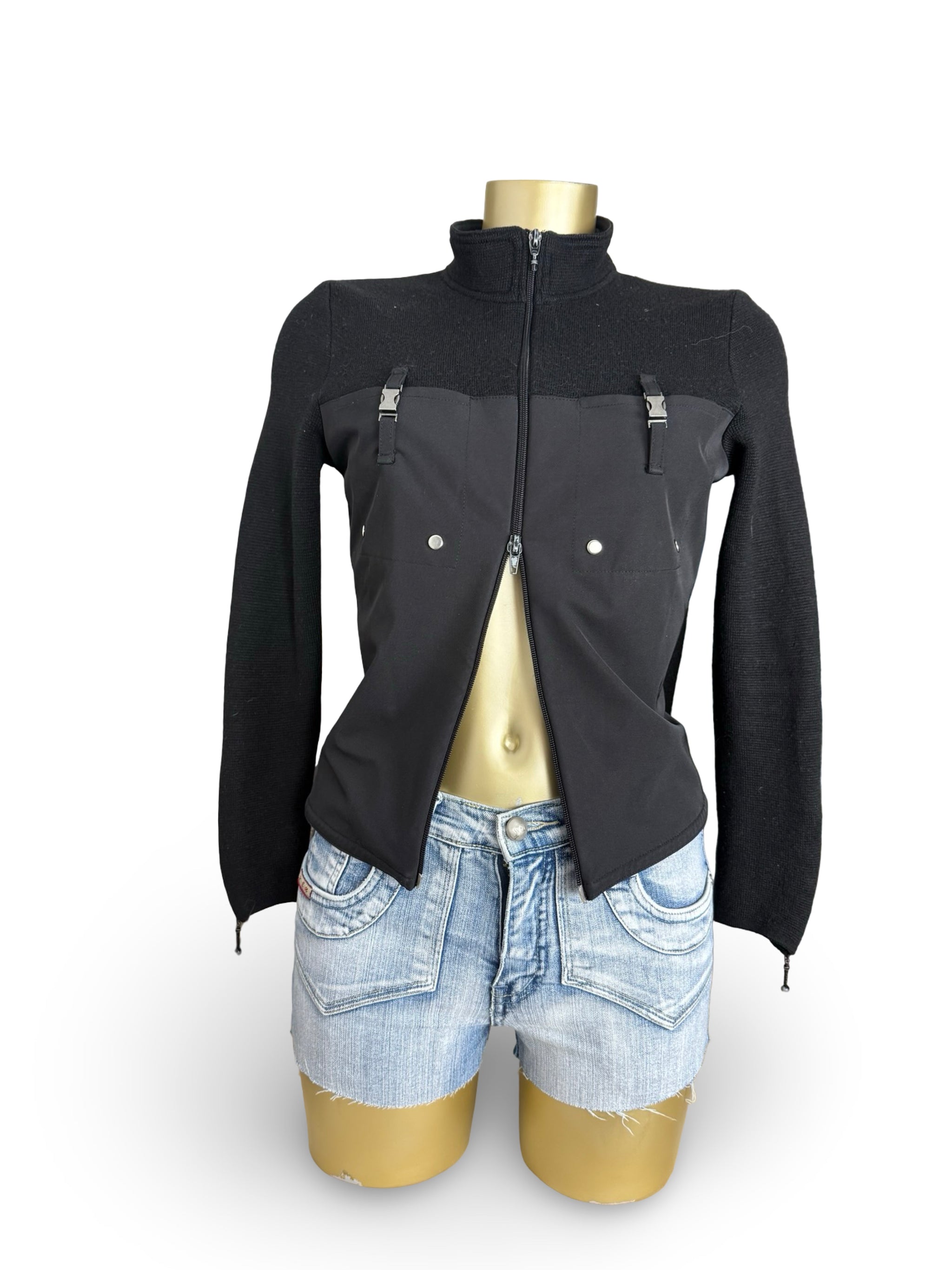 Black zip up bi fabric wool knitted biker jacket (S)