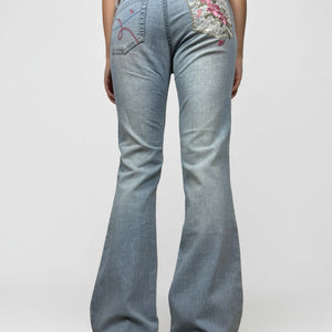 Blue denim low rise embroidered flared pants (S/M)