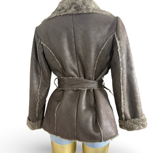 Brown suede inside faux fur tight fit trench coat with belt (S)