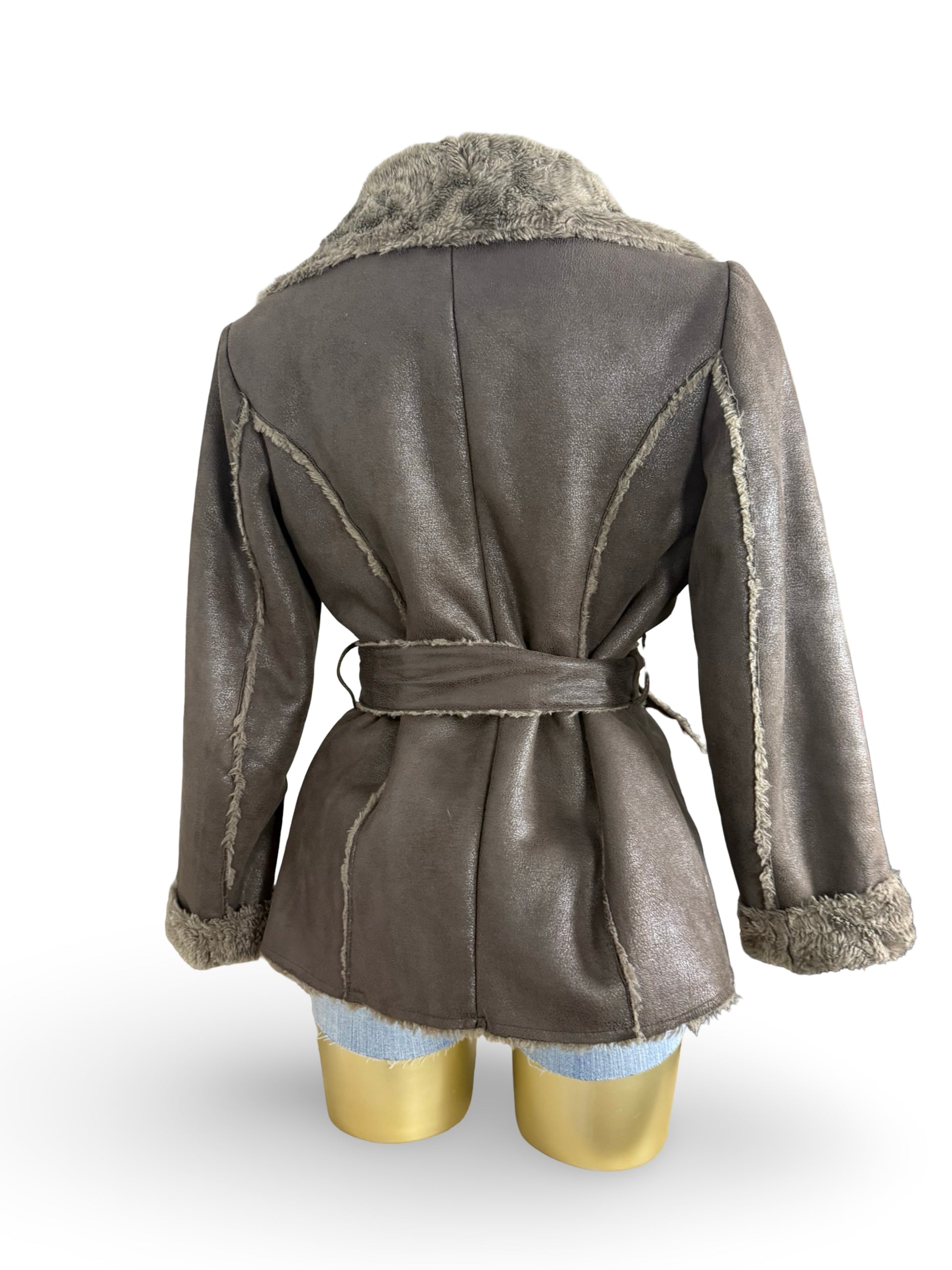 Brown suede inside faux fur tight fit trench coat with belt (S)