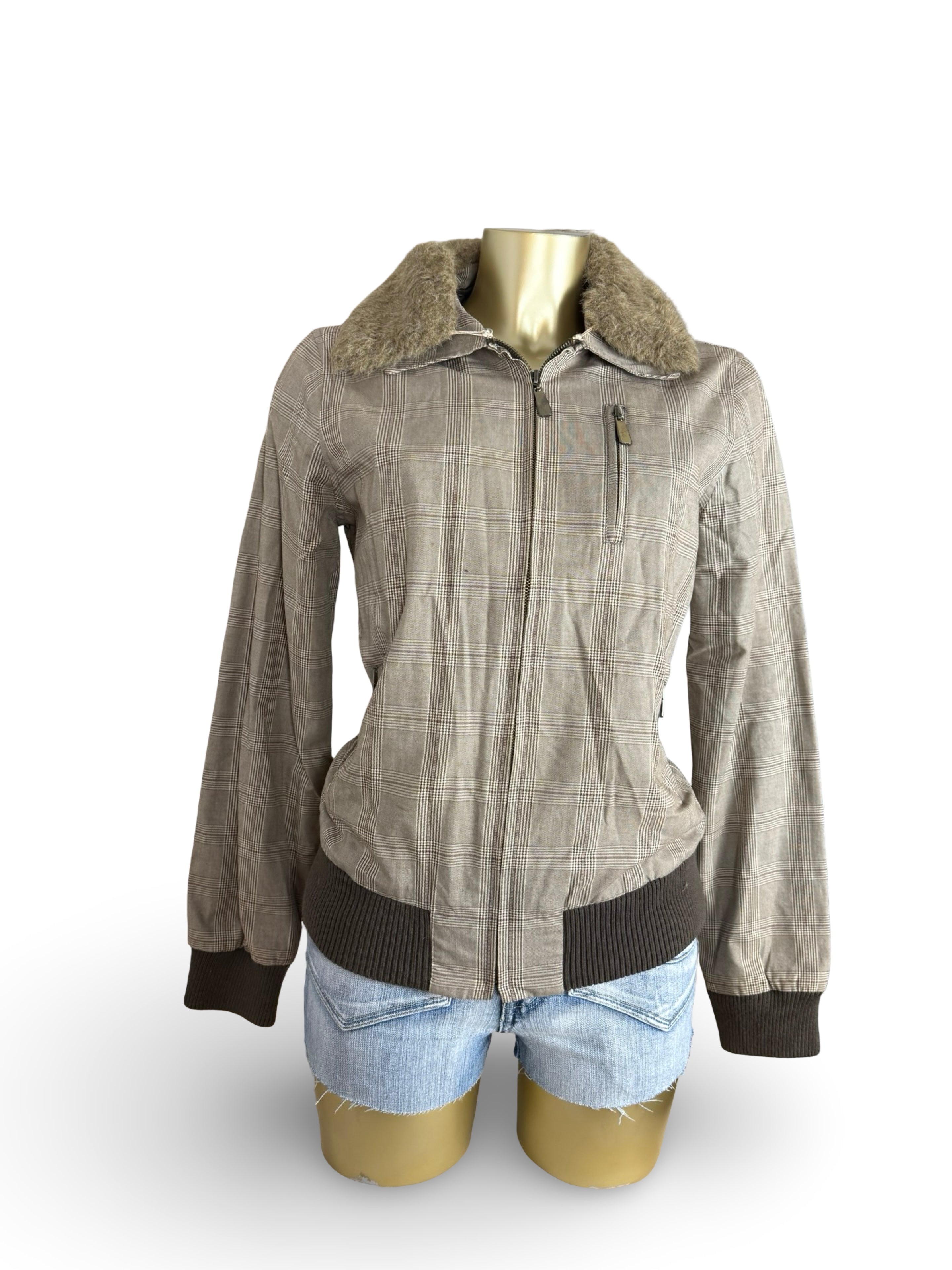 Beige check print cotton biker jacket (L)