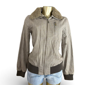Beige check print faux fur neck biker jacket (L)