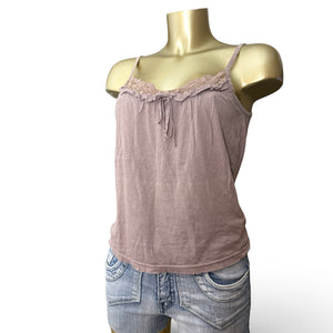 Beige 100% cotton lace neck cami top (L)