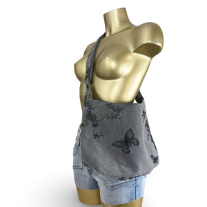 Grey butterflies print besace shoulder bag (38x24cm)