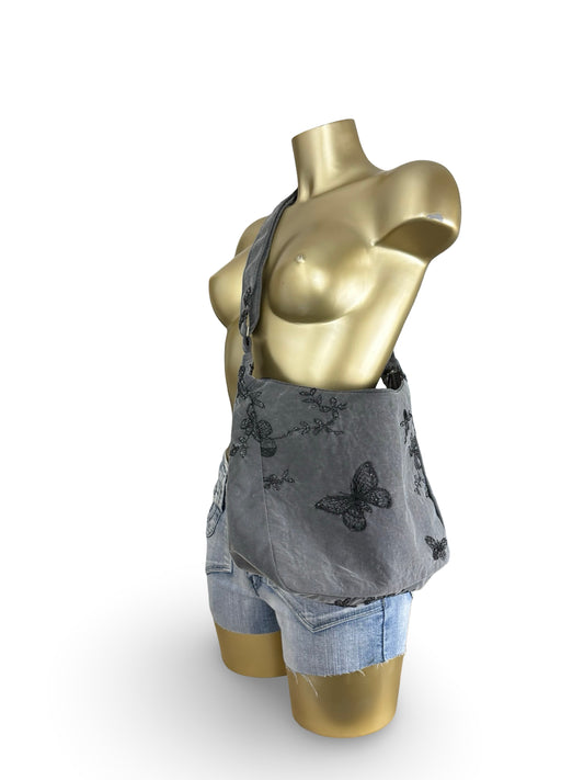 Grey butterflies print besace shoulder bag (38x24cm)