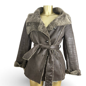 Brown suede inside faux fur tight fit trench coat with belt (S)