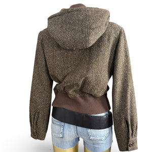 Brown inside faux fur hooded biker jacket (M)