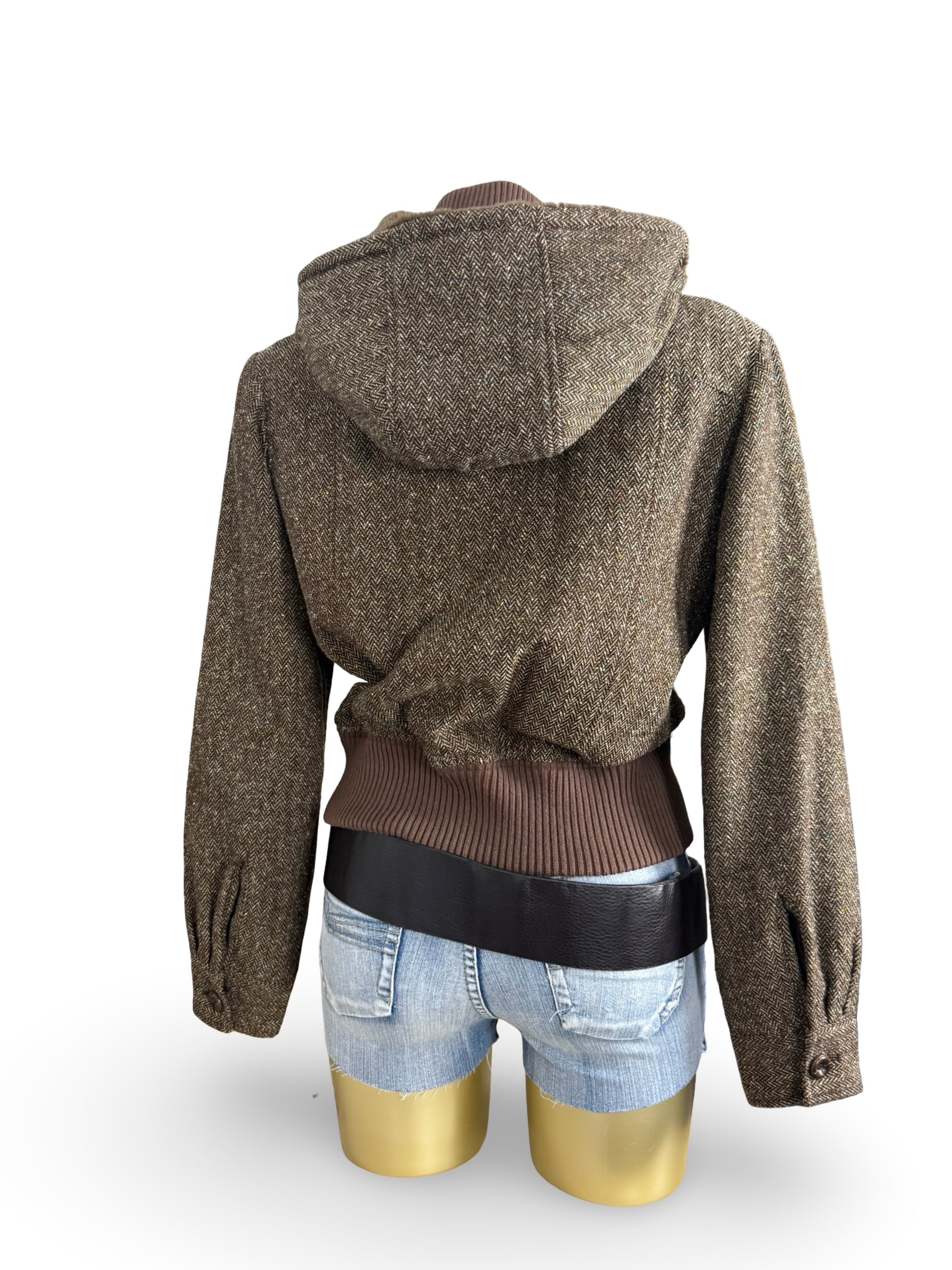 Brown inside faux fur hooded biker jacket (M)