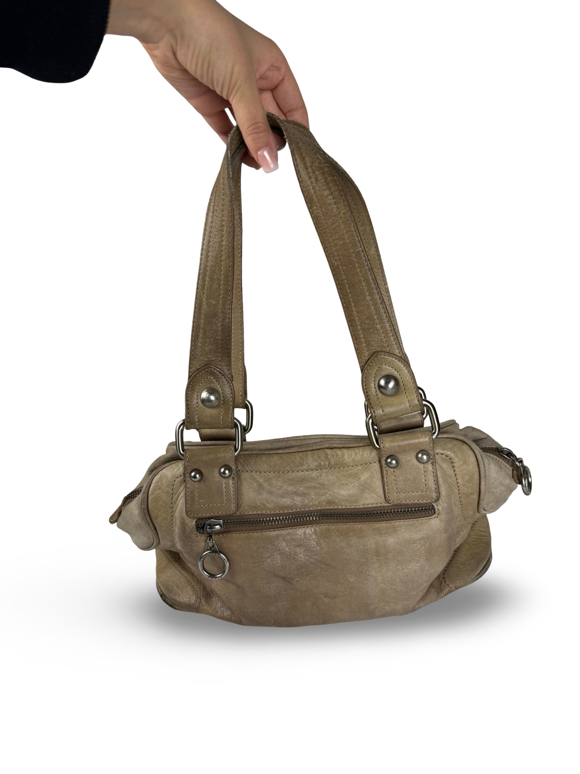 Beige real leather shoulder bag (30x20cm)