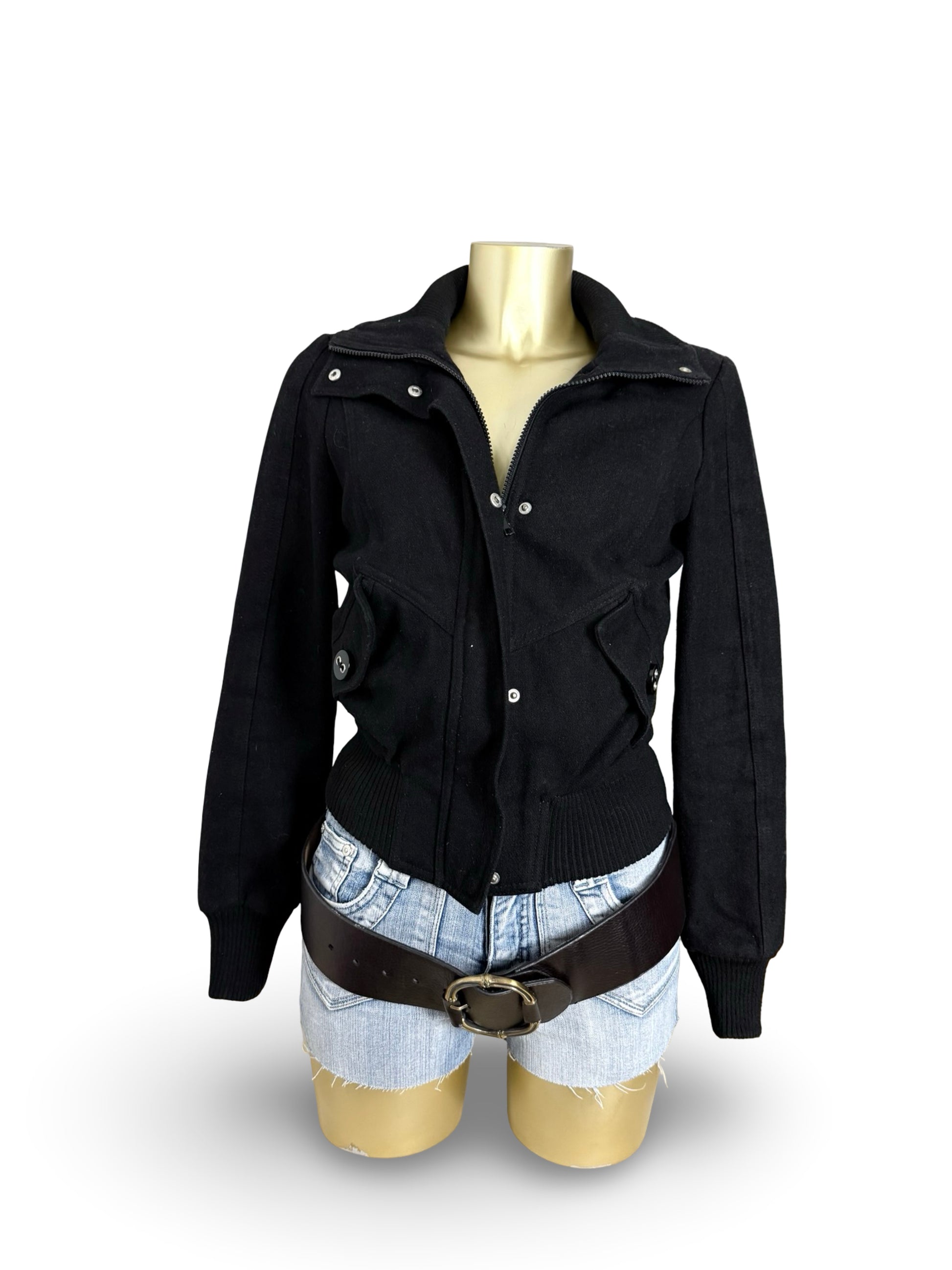 Black wool zip up biker jacket (S/M)