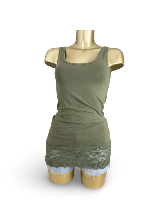 Khaki cotton & lace long top /mini dress (S)