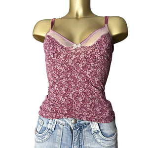 Purple floral tight fit lycra babydoll cami top (XS)