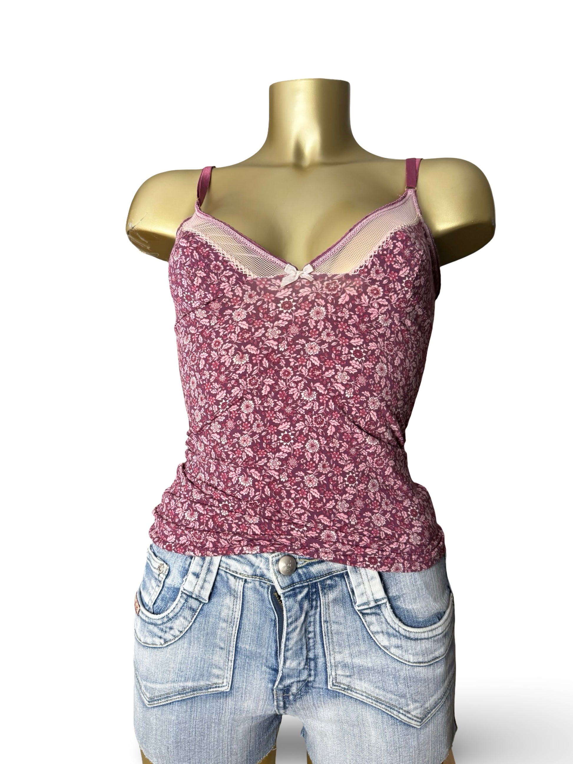 Purple floral tight fit lycra babydoll cami top (XS)