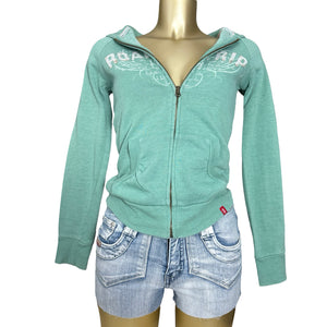 Blue cotton zip up tight fit hoodie (XS)