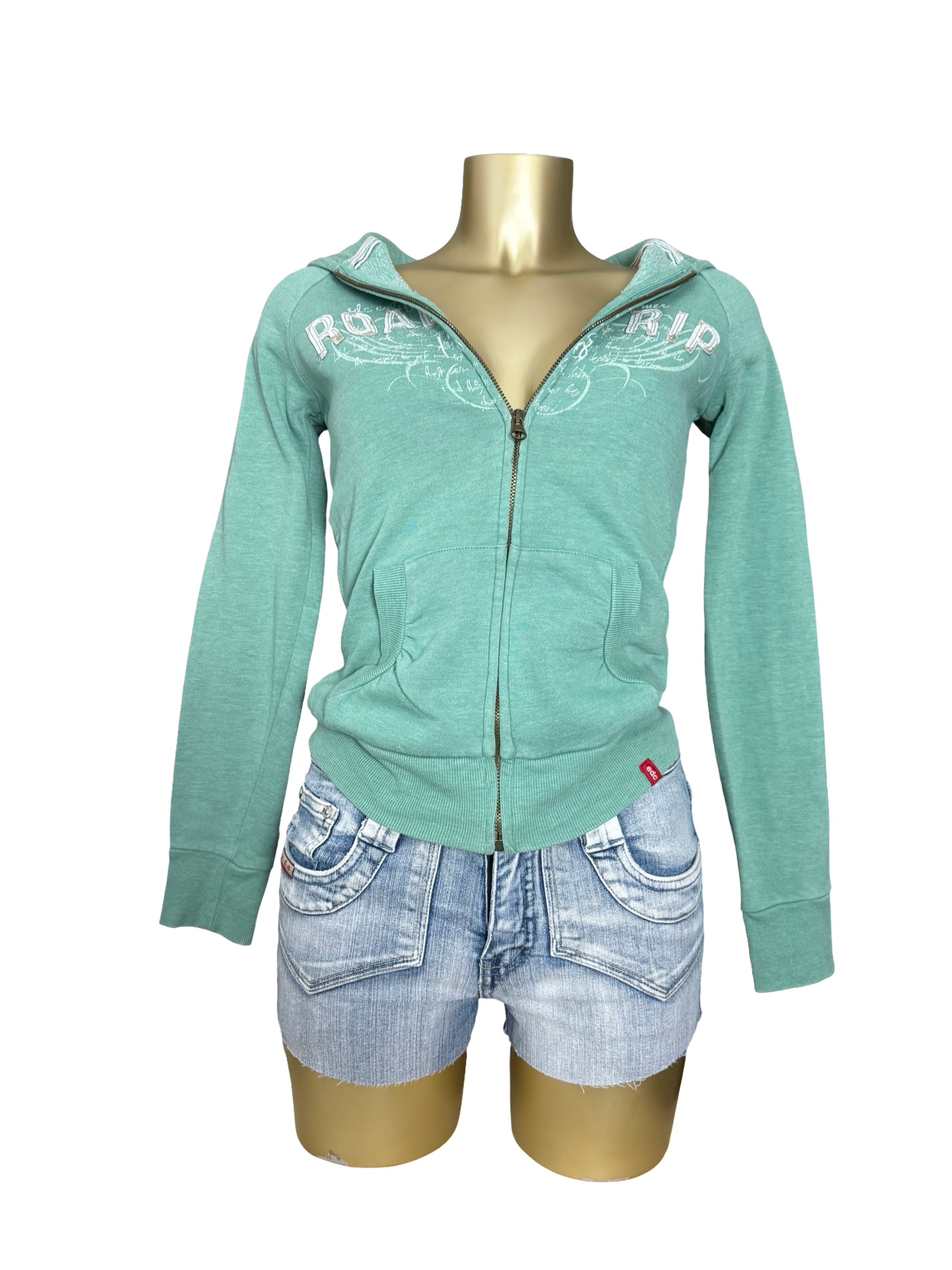 Blue cotton zip up tight fit hoodie (XS)