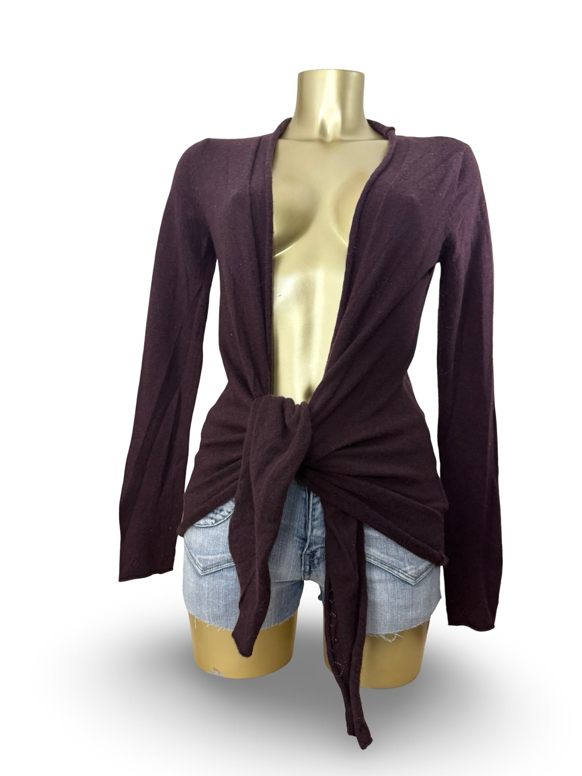 Brown 100% wool & cashmere tight fit wrap cardigan jumper (S/M)