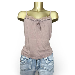 Beige 100% cotton lace neck cami top (L)