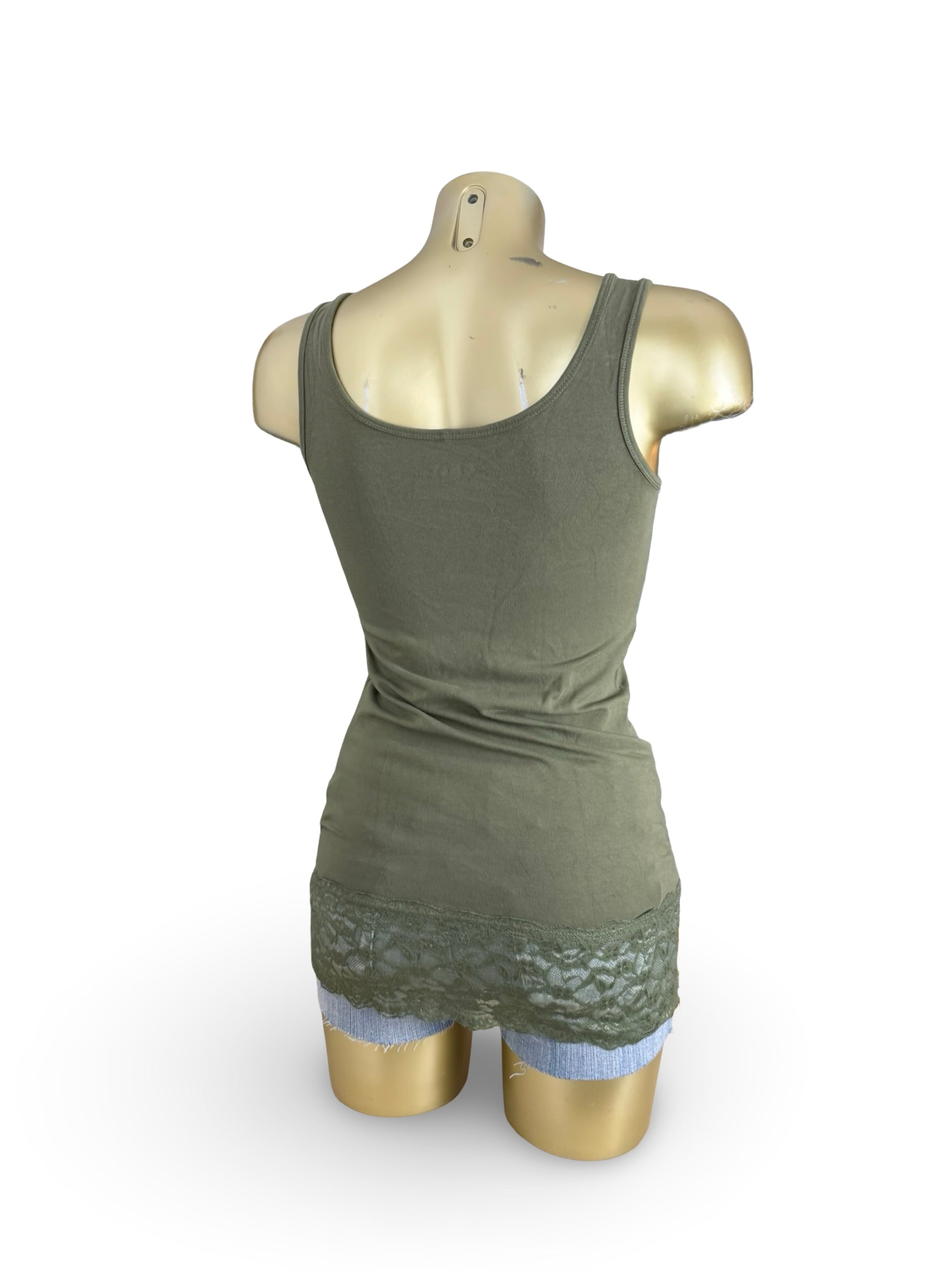 Khaki cotton & lace long top /mini dress (S)