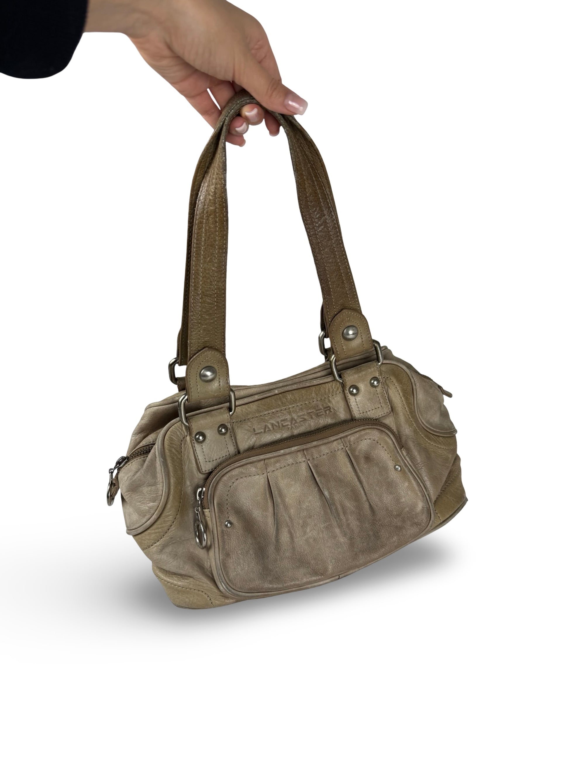 Beige real leather shoulder bag (30x20cm)