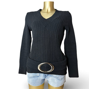 Black buckle belt ribbed jumper (M)