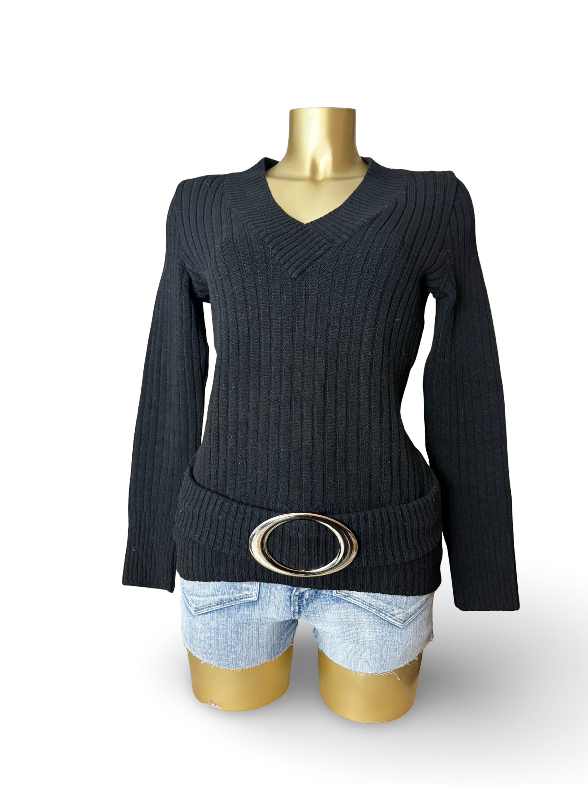 Black buckle belt ribbed jumper (M)