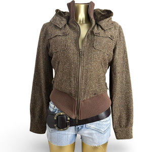 Brown inside faux fur hooded biker jacket (M)