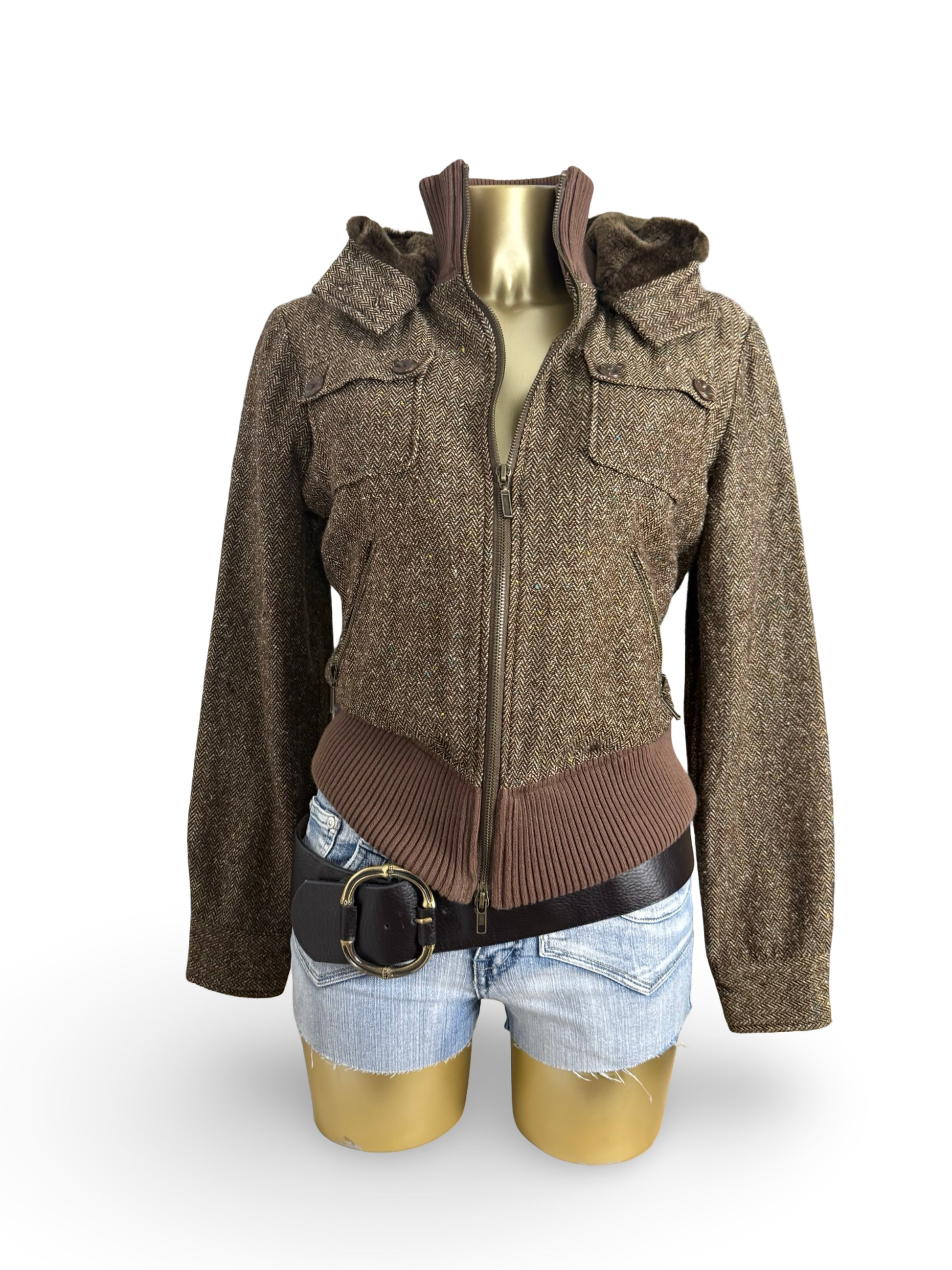 Brown inside faux fur hooded biker jacket (M)