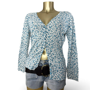 White & blue panther print cardigan jumper (XL)