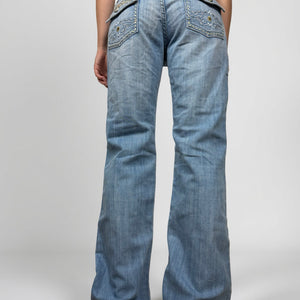 Blue denim low rise flared pants (M)