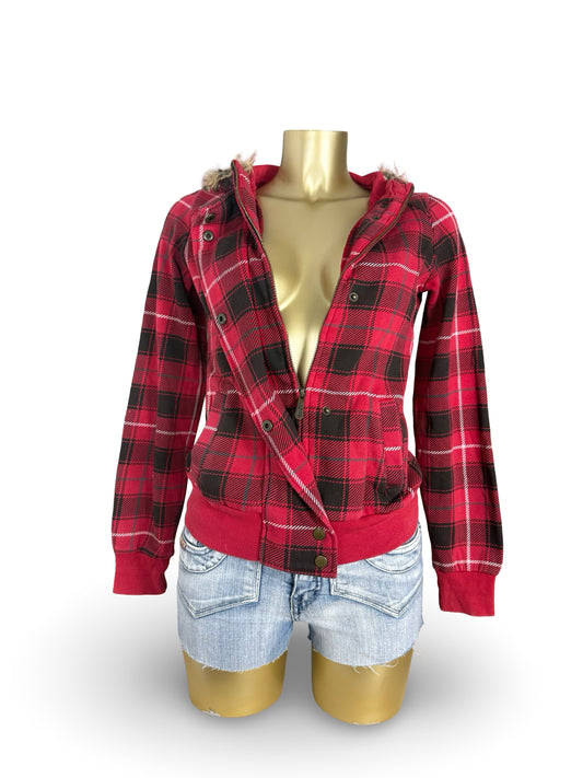 Red check print cotton zip up biker jacket (S)