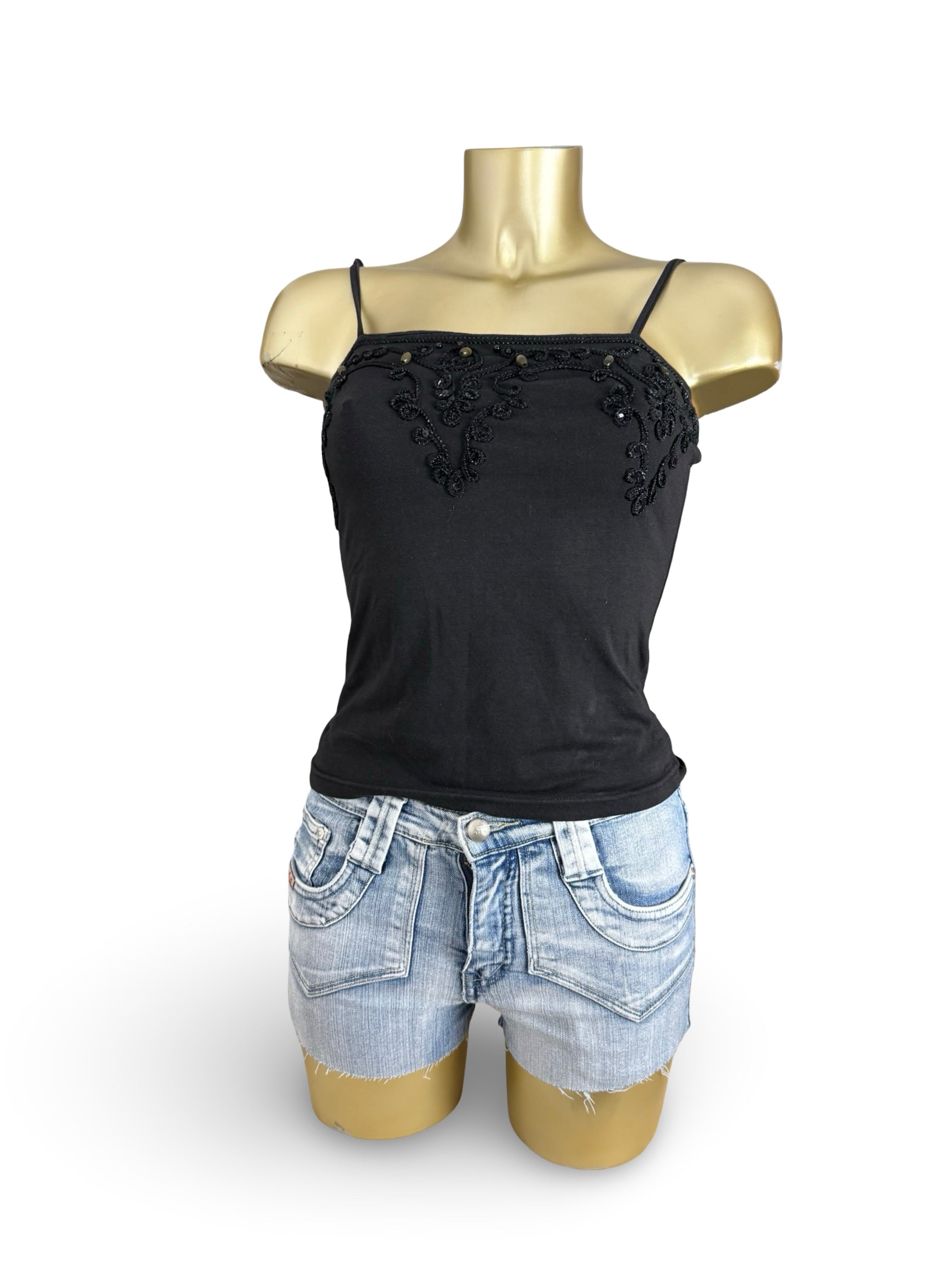 Black embroidered pearls cami top (S)
