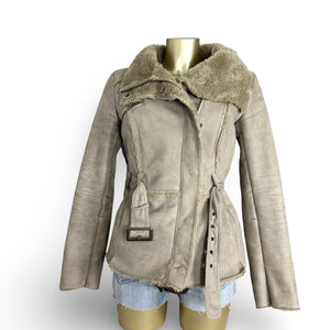 Beige suede inside faux fur tight fit biker coat (S/M)