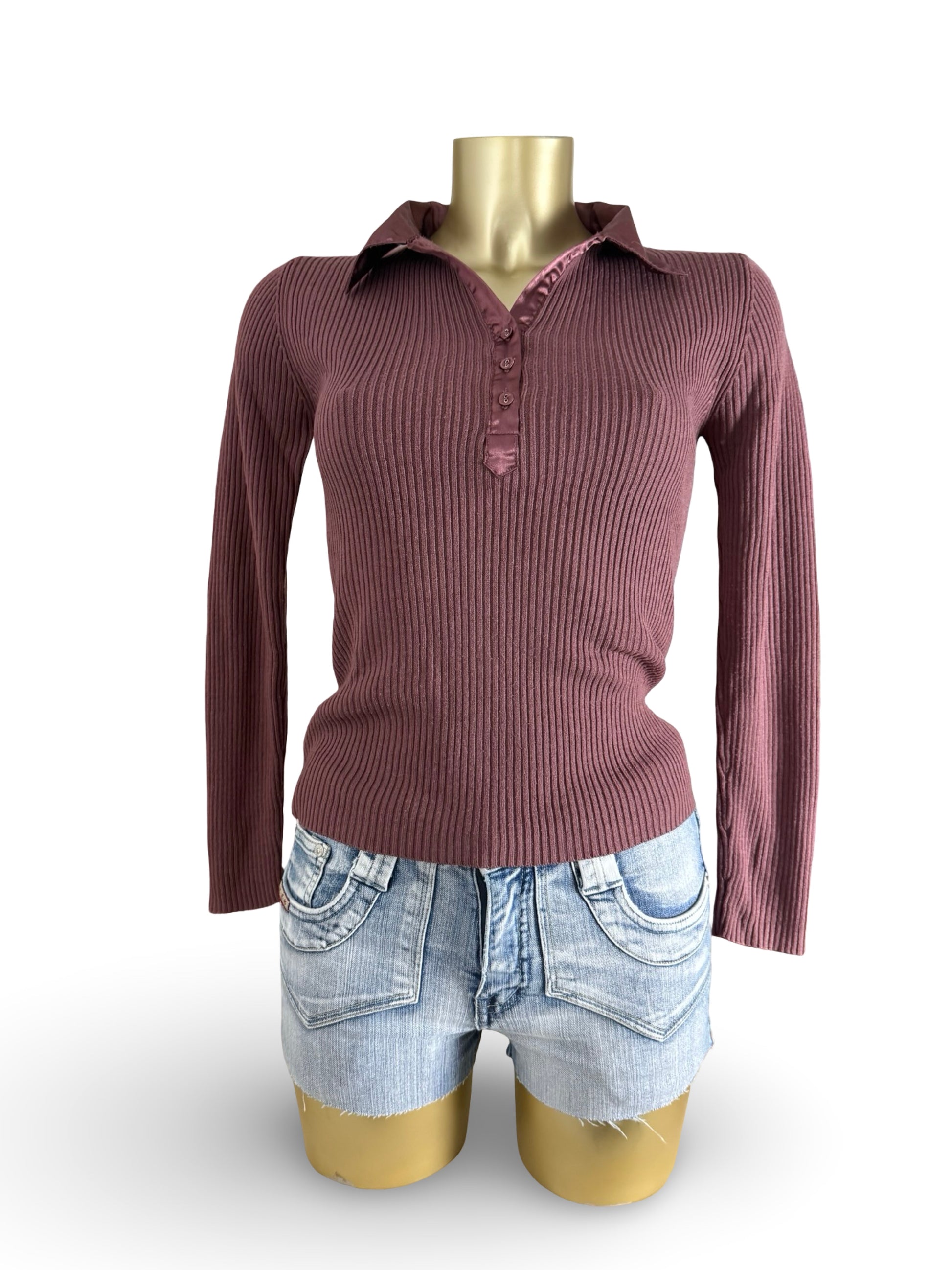 Mauve ribbed polo neck tight fit jumper (S)