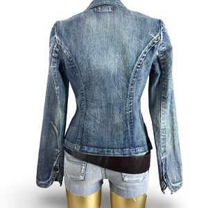 Blue denim zip up tight fit biker jacket (S/M)
