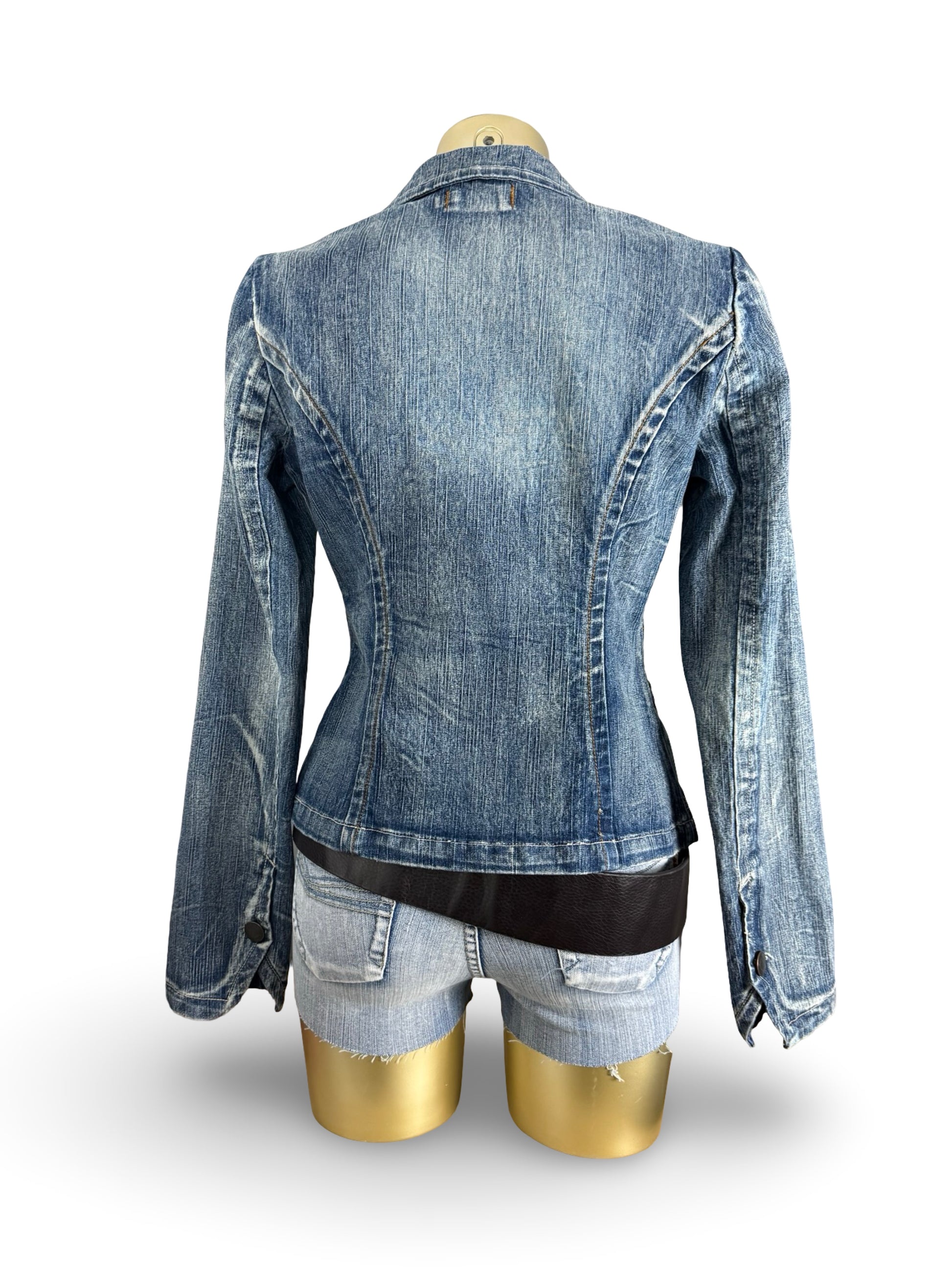 Blue denim zip up tight fit biker jacket (S/M)