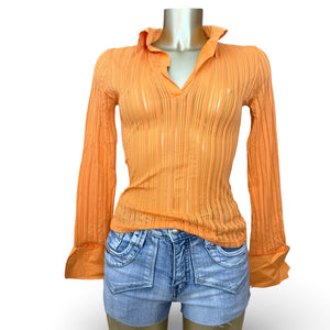 Orange striped see trough stretchy polo top (S/M)
