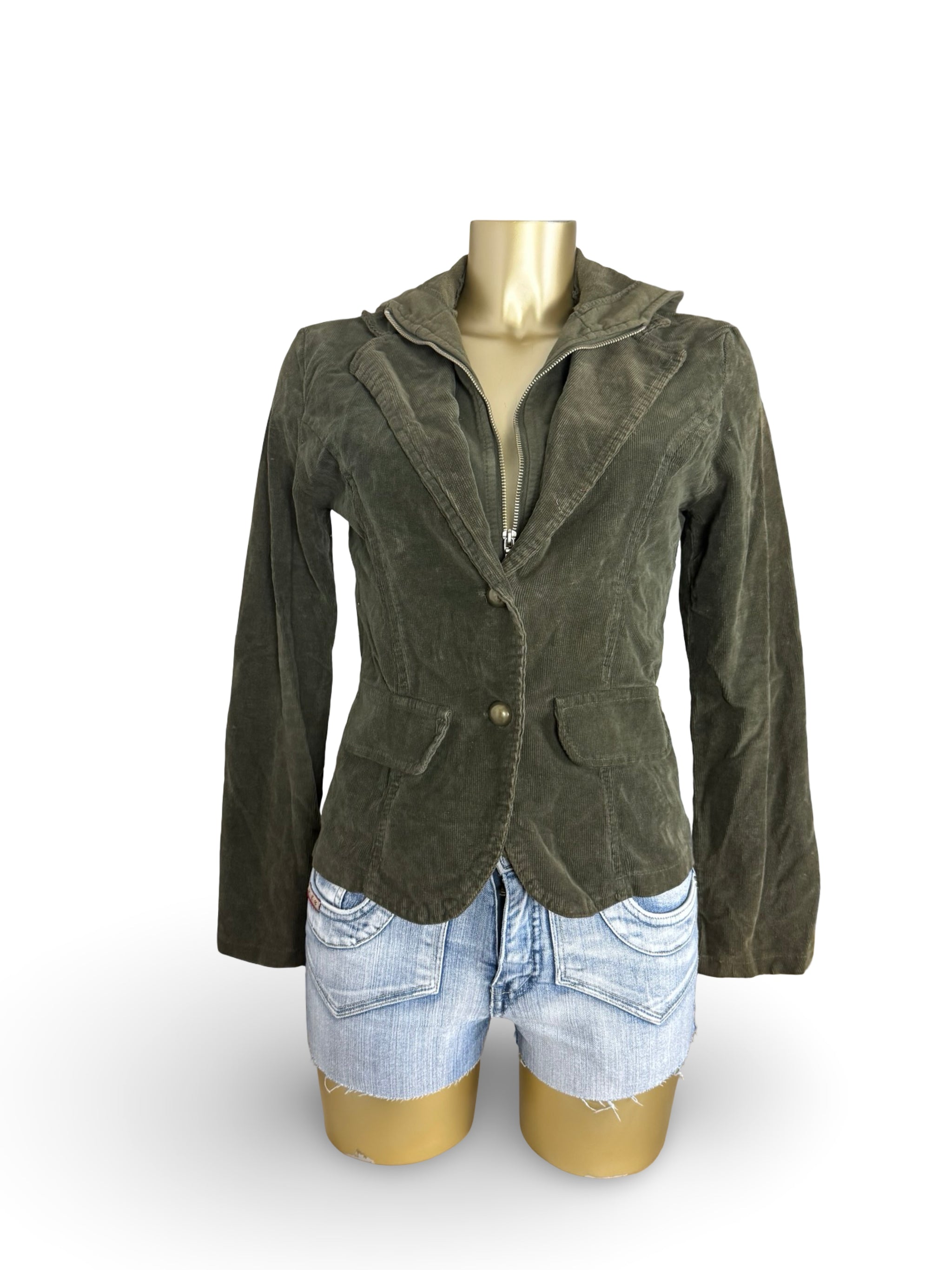 Khaki zip up hooded biker jacket (S/M)