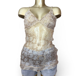 Beige graphic real silk mesh asymmetric top (M)
