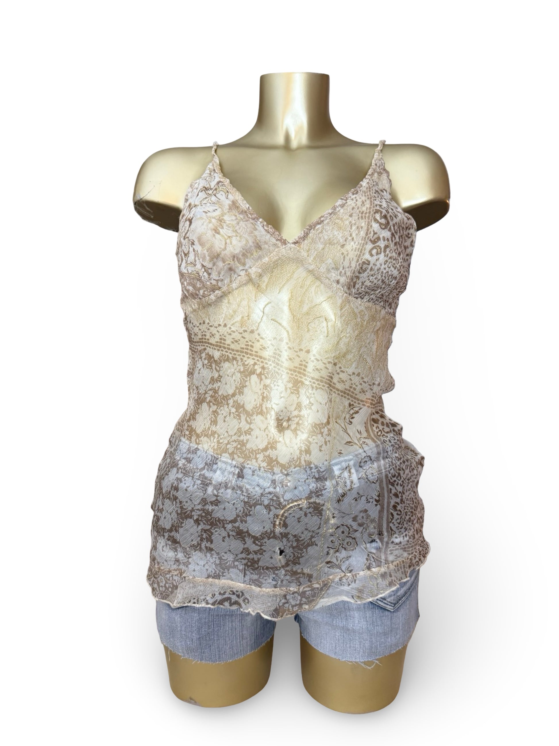 Beige graphic real silk mesh asymmetric top (M)