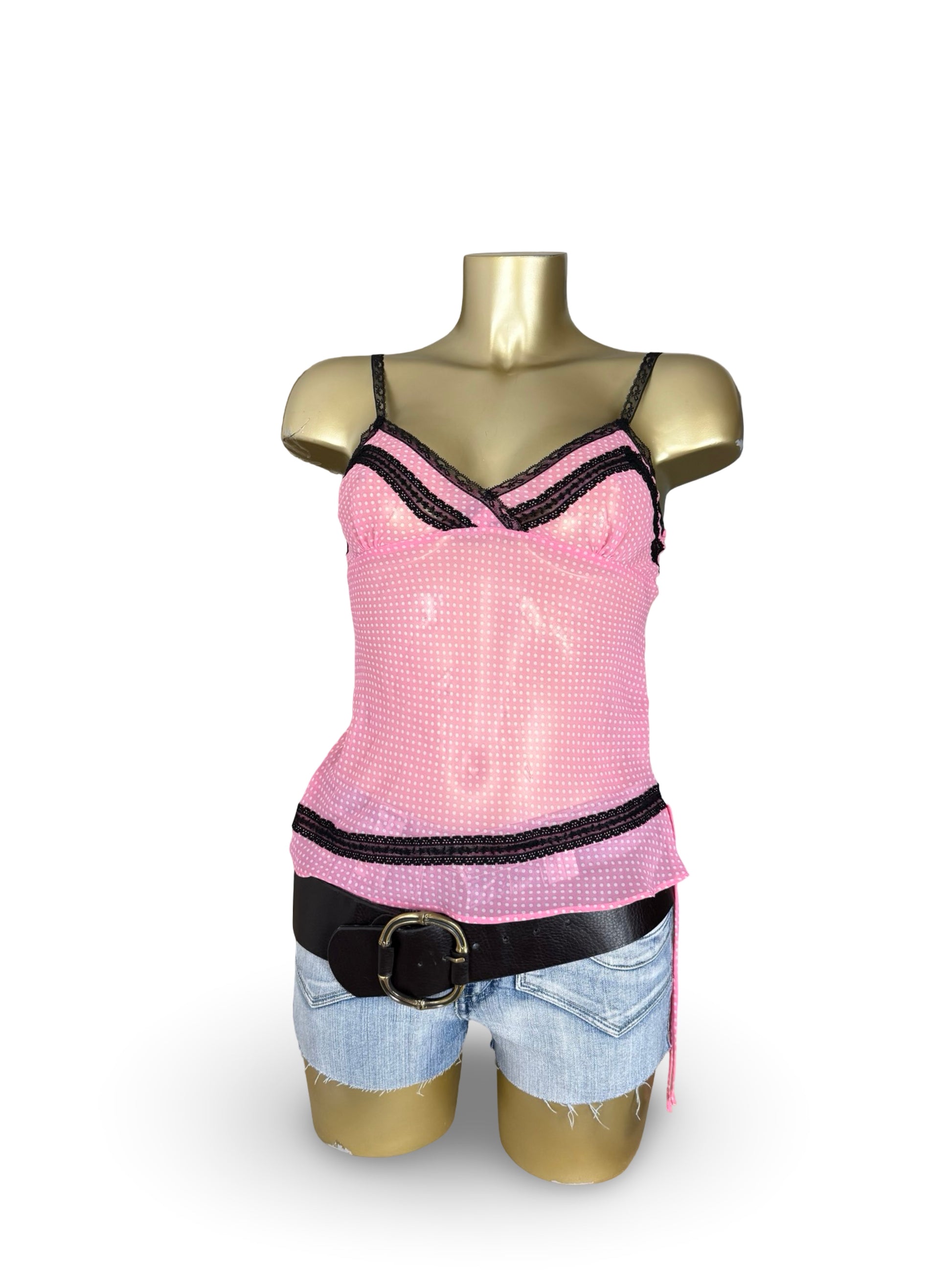 Pink polka dots mesh top + shorty set (M/L)