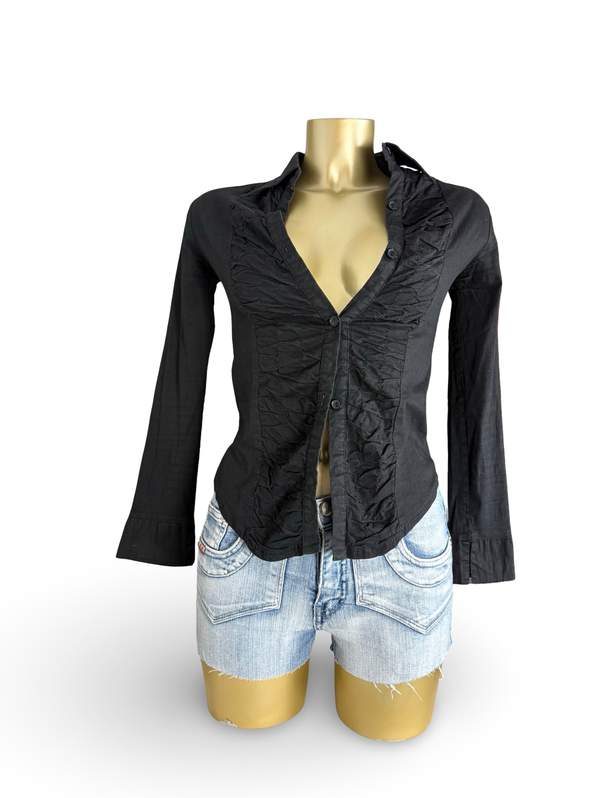 Black ruched tight fit long sleeves shirt (S)