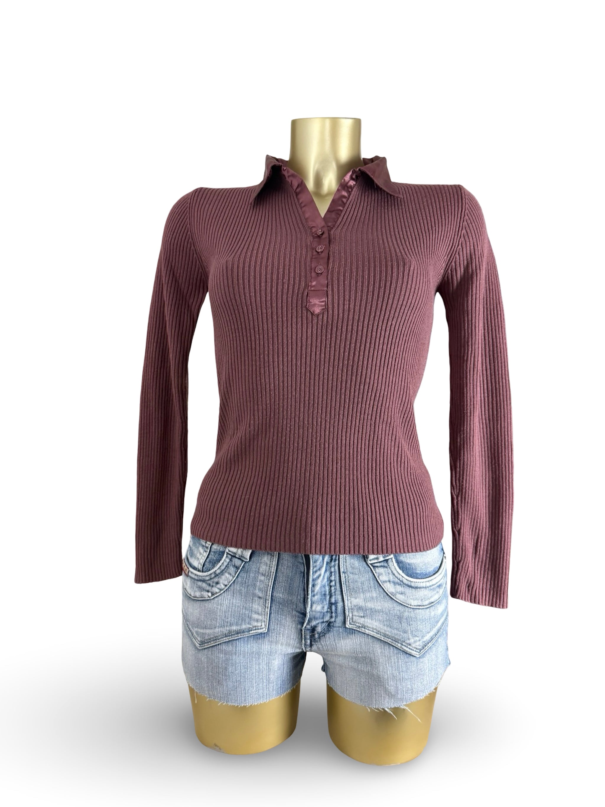 Mauve ribbed polo neck tight fit jumper (S)