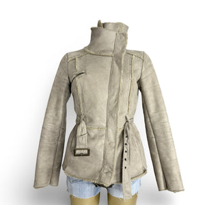 Beige suede inside faux fur tight fit biker coat (S/M)