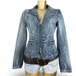 Blue denim zip up tight fit biker jacket (S/M)