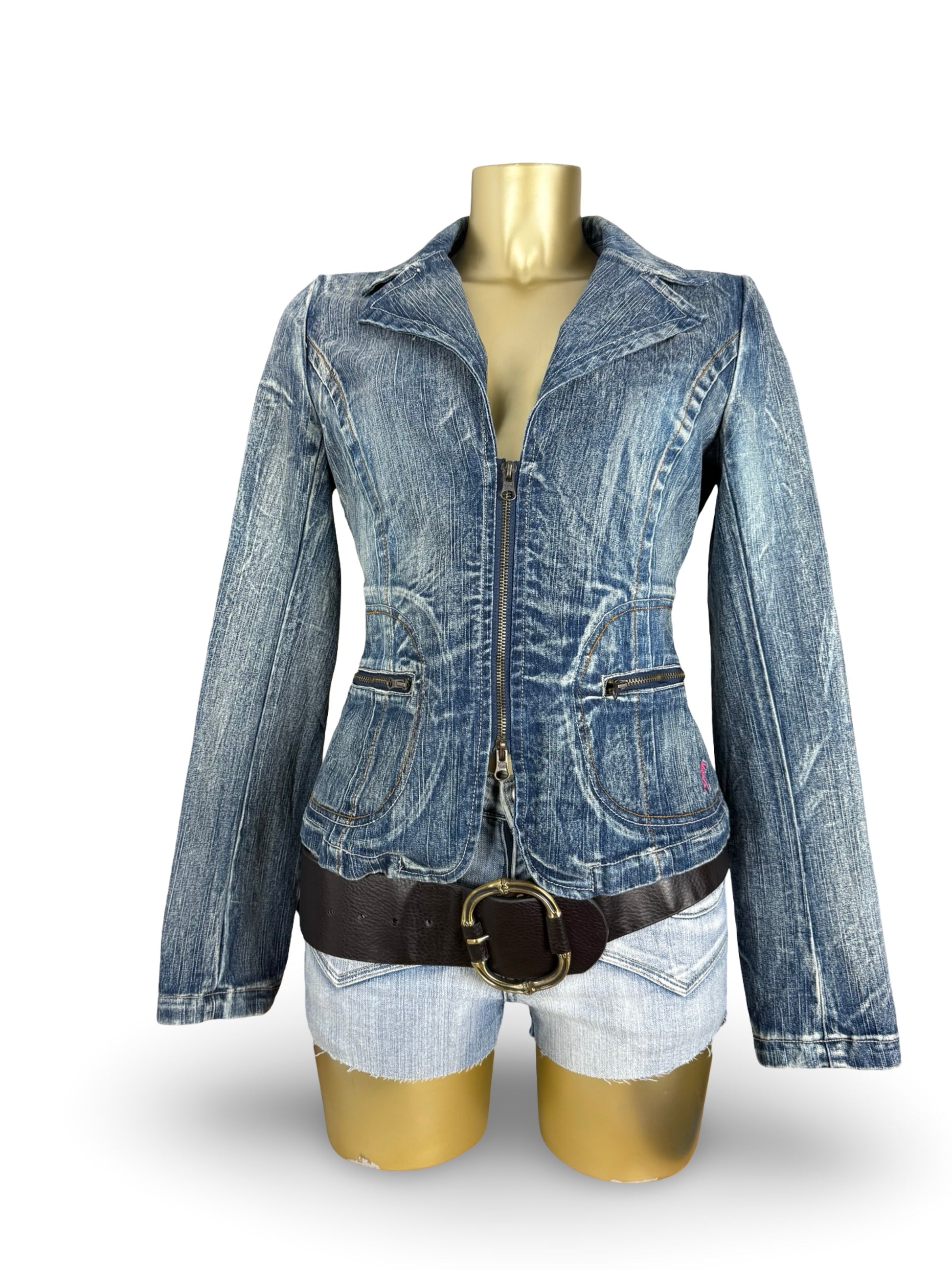 Blue denim zip up tight fit biker jacket (S/M)