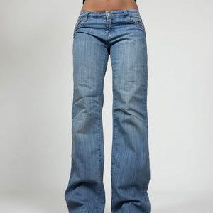 Blue denim low rise flared pants (M)